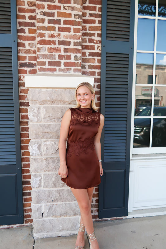 Chocolate Brown Satin Lace Mini Dress