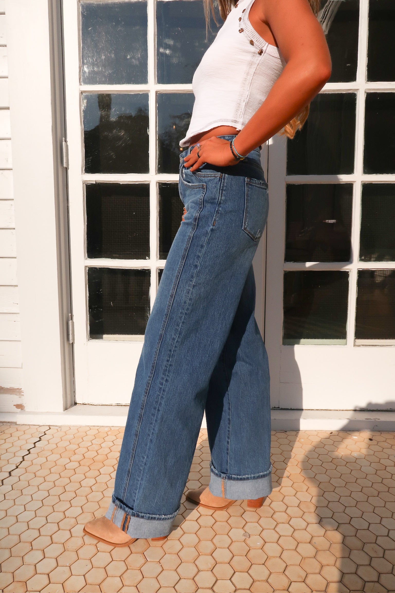 Shine Cuffed Wide Straight leg Jeans