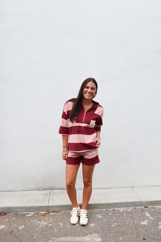 Burgundy/ Pink Striped Shorts Set