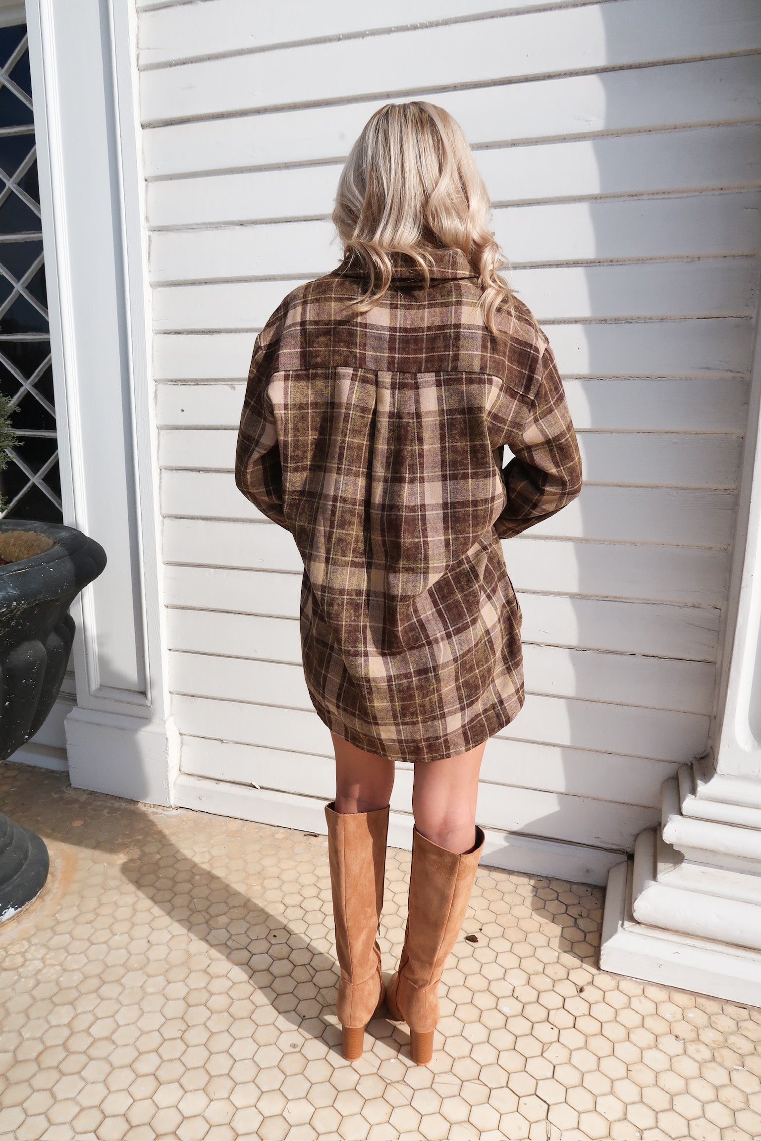 Flannel Shirt Romper-Brown