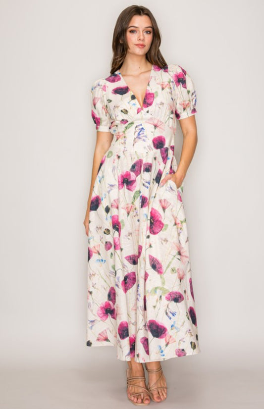 Watercolor Poppies Linen Maxi Dress