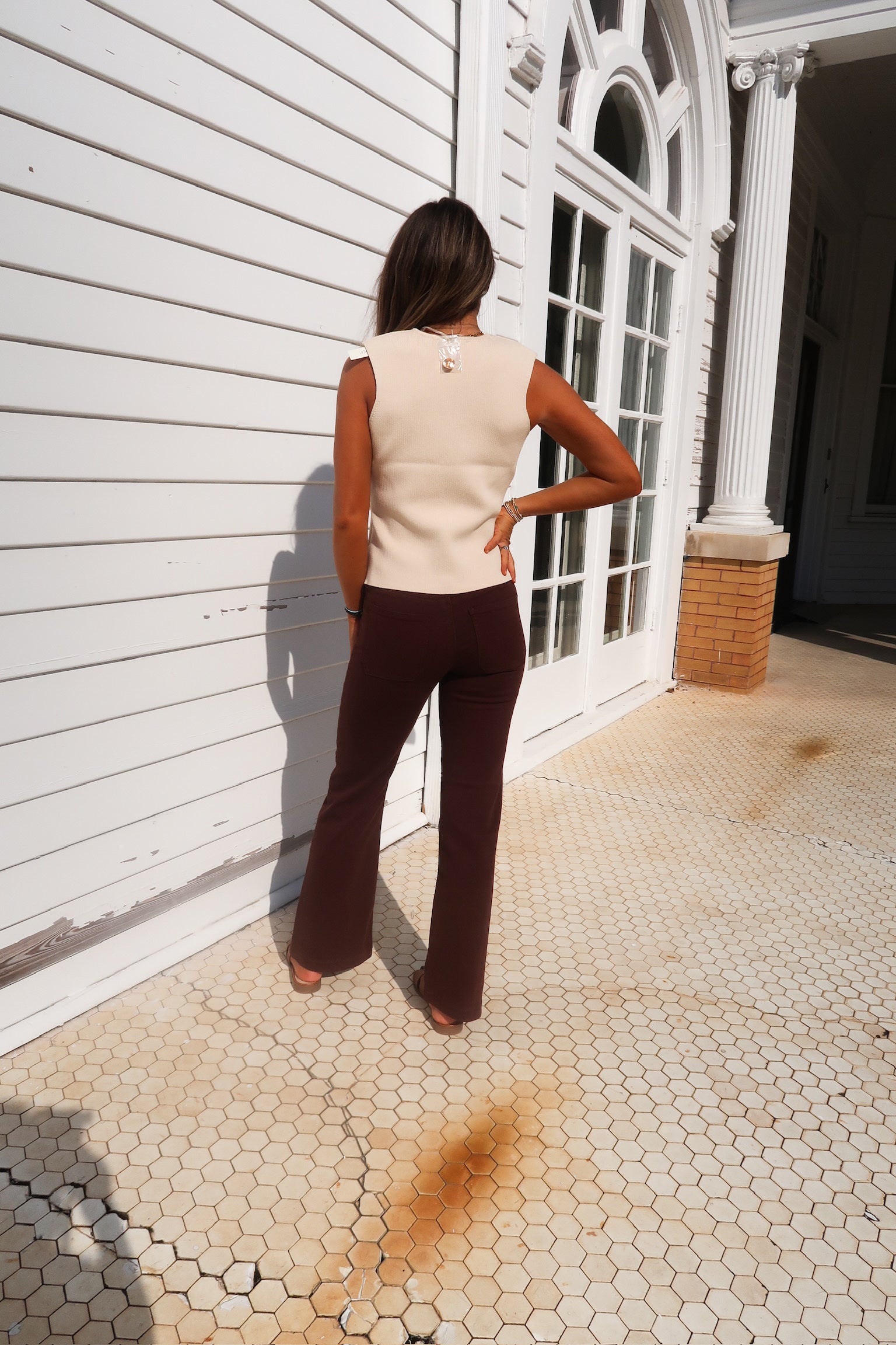 Mini Patch Pocket Flare Jeans- DK Brown