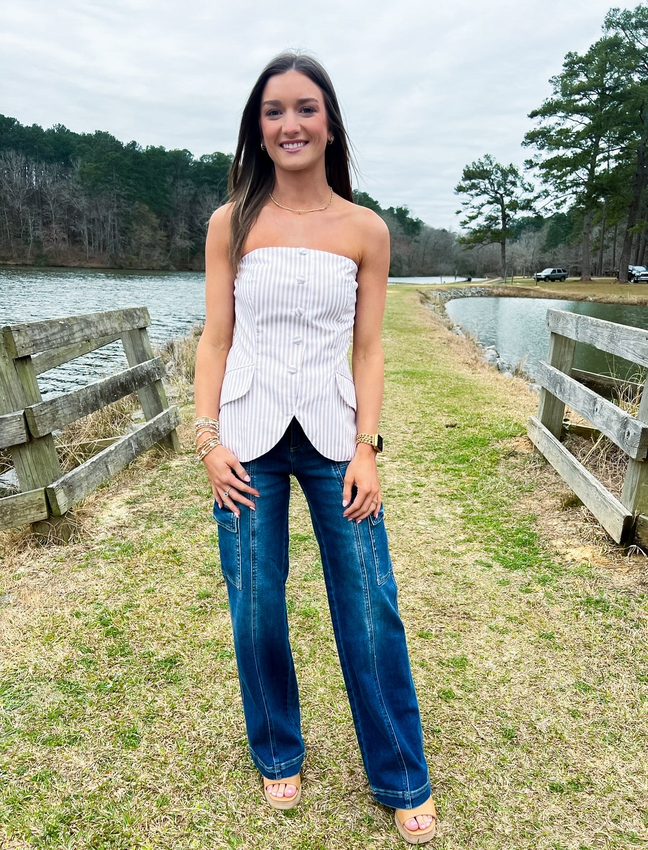 Khaki Stripe Strapless Top