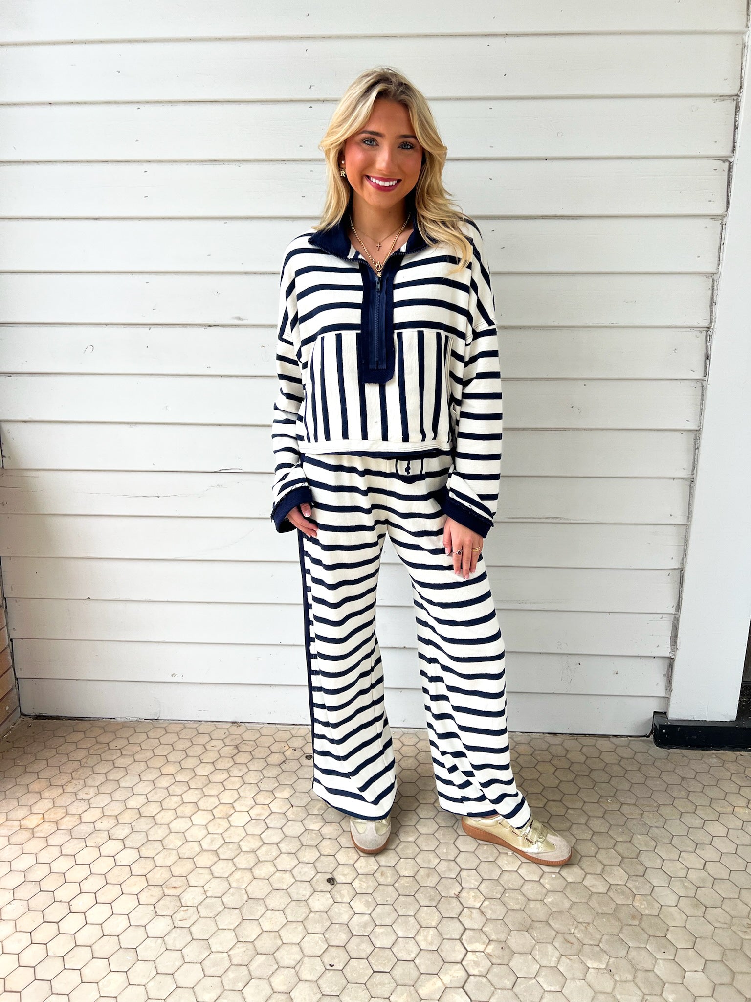 Zip Neck Striped Set-Navy/Cream