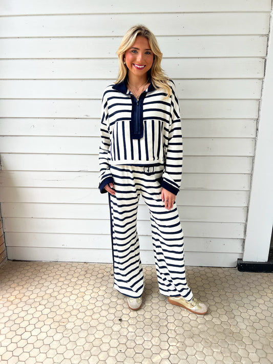 Zip Neck Striped Set-Navy/Cream
