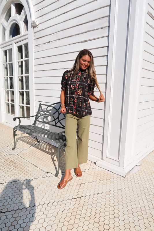 Black Floral Puffed Sleeve Top