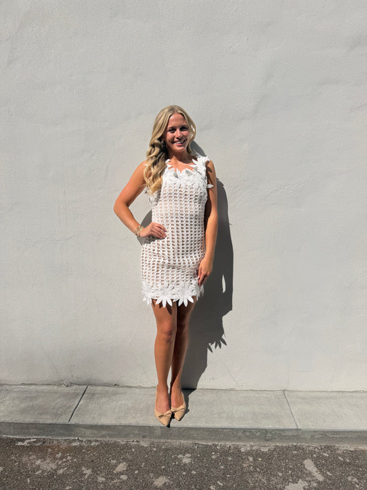 Knitted Flowers Mini Dress- White