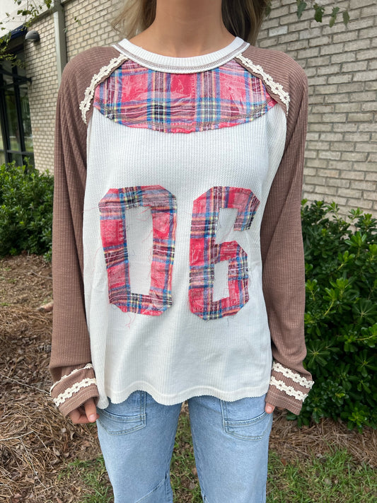 Varsity Waffle Knit Top-Chocolate