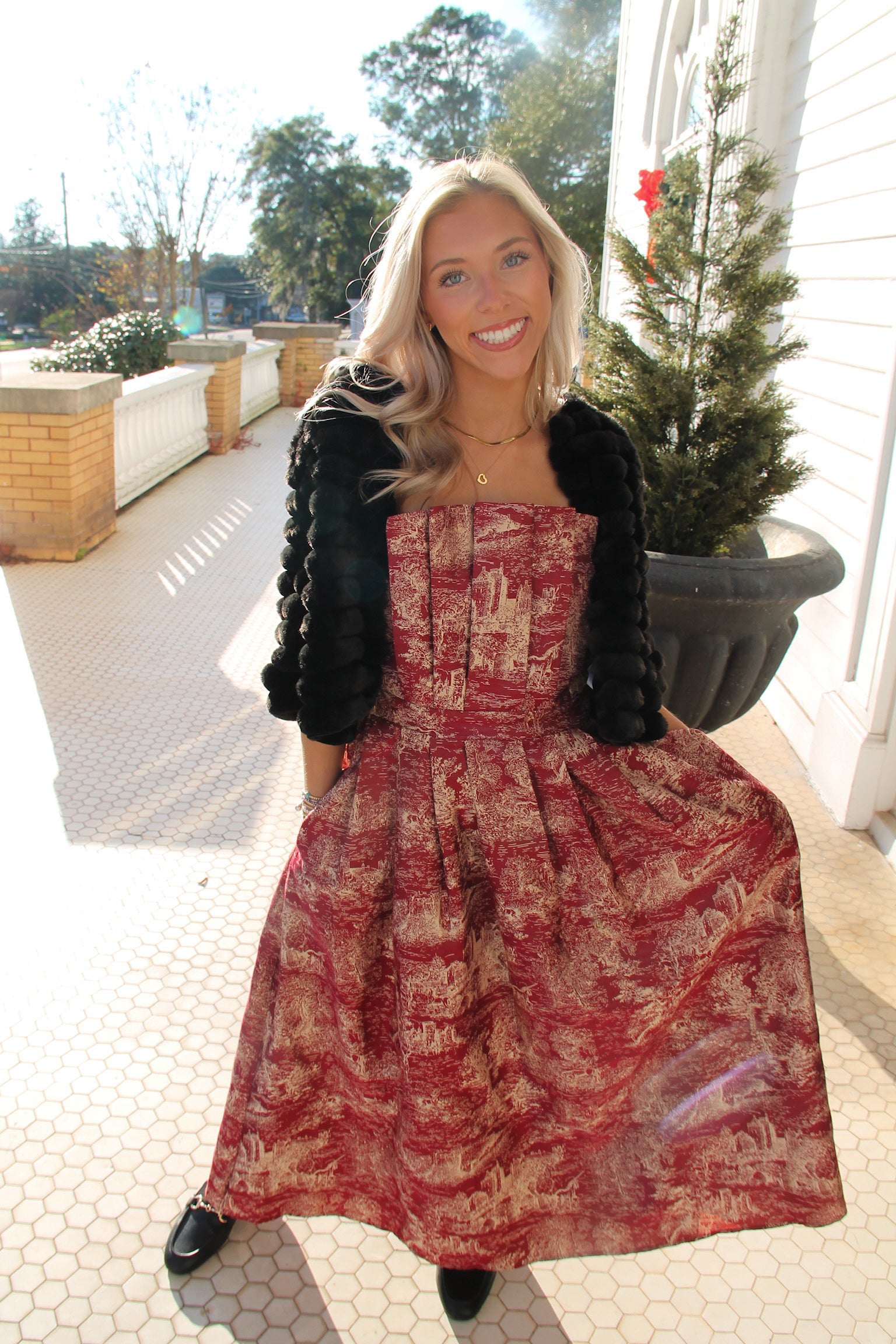 Vivian Burgundy Toile Jacquard Strapless Midi Dress