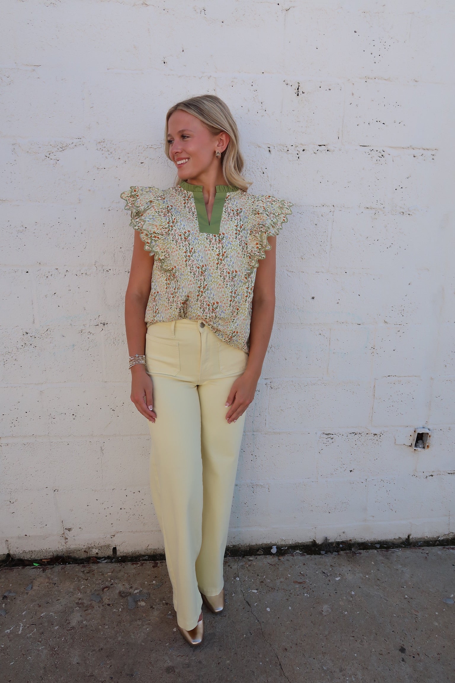 Green Mixed Flutter Sleeve Top