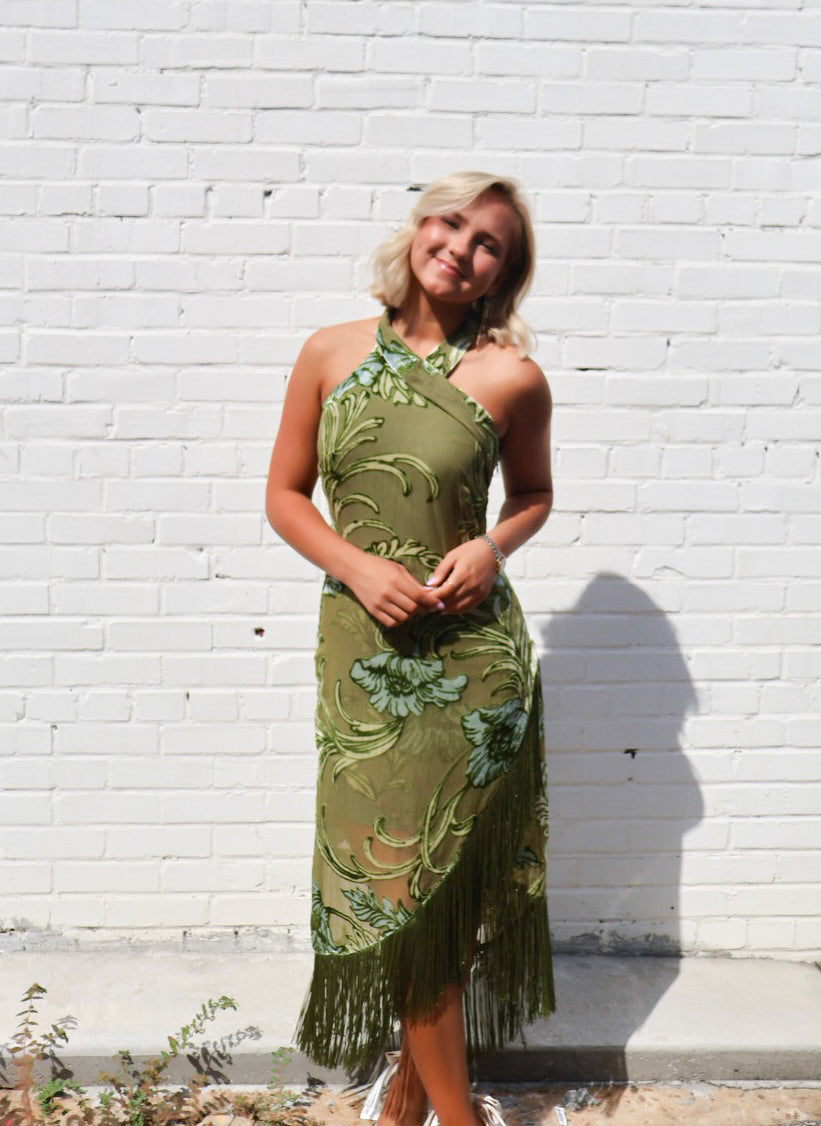 Gia Velvet Fringe Halter Maxi Dress