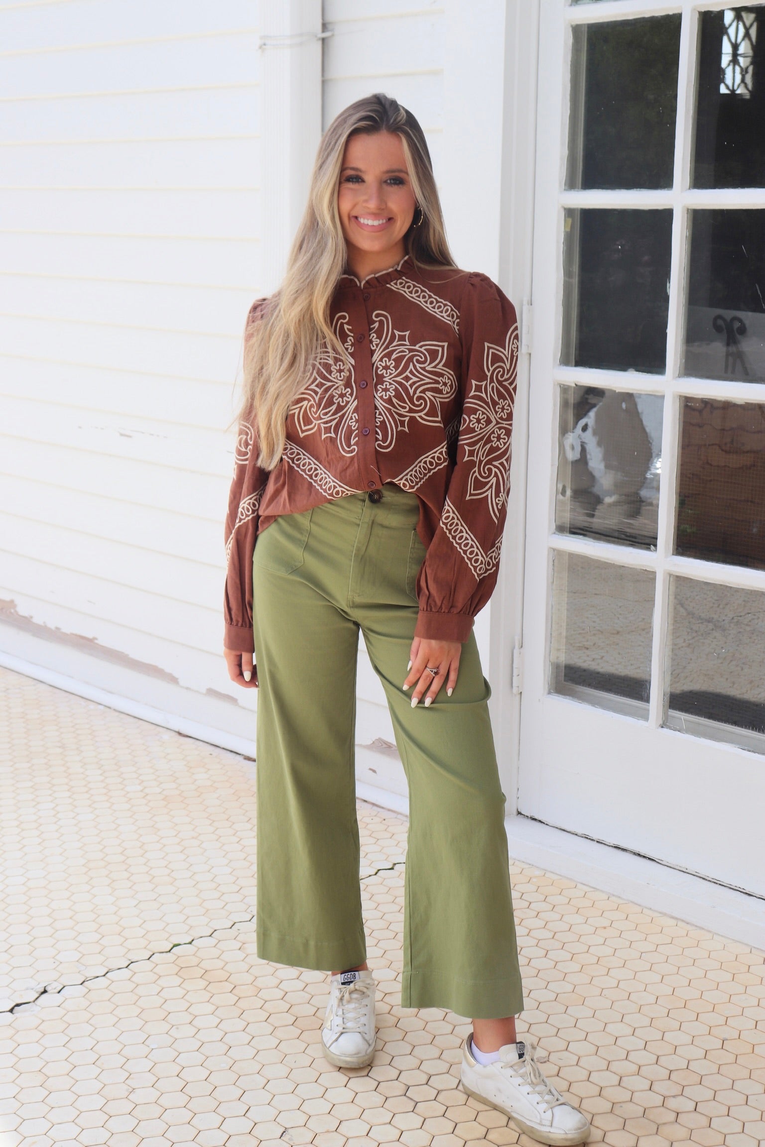 Embroidered Mock Neck Top-Mocha