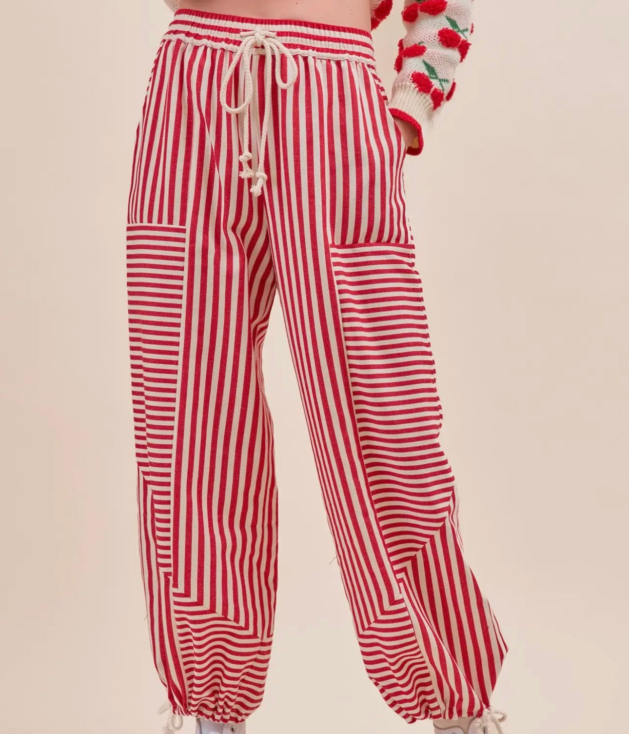 Striped Parachute Pants-Berry