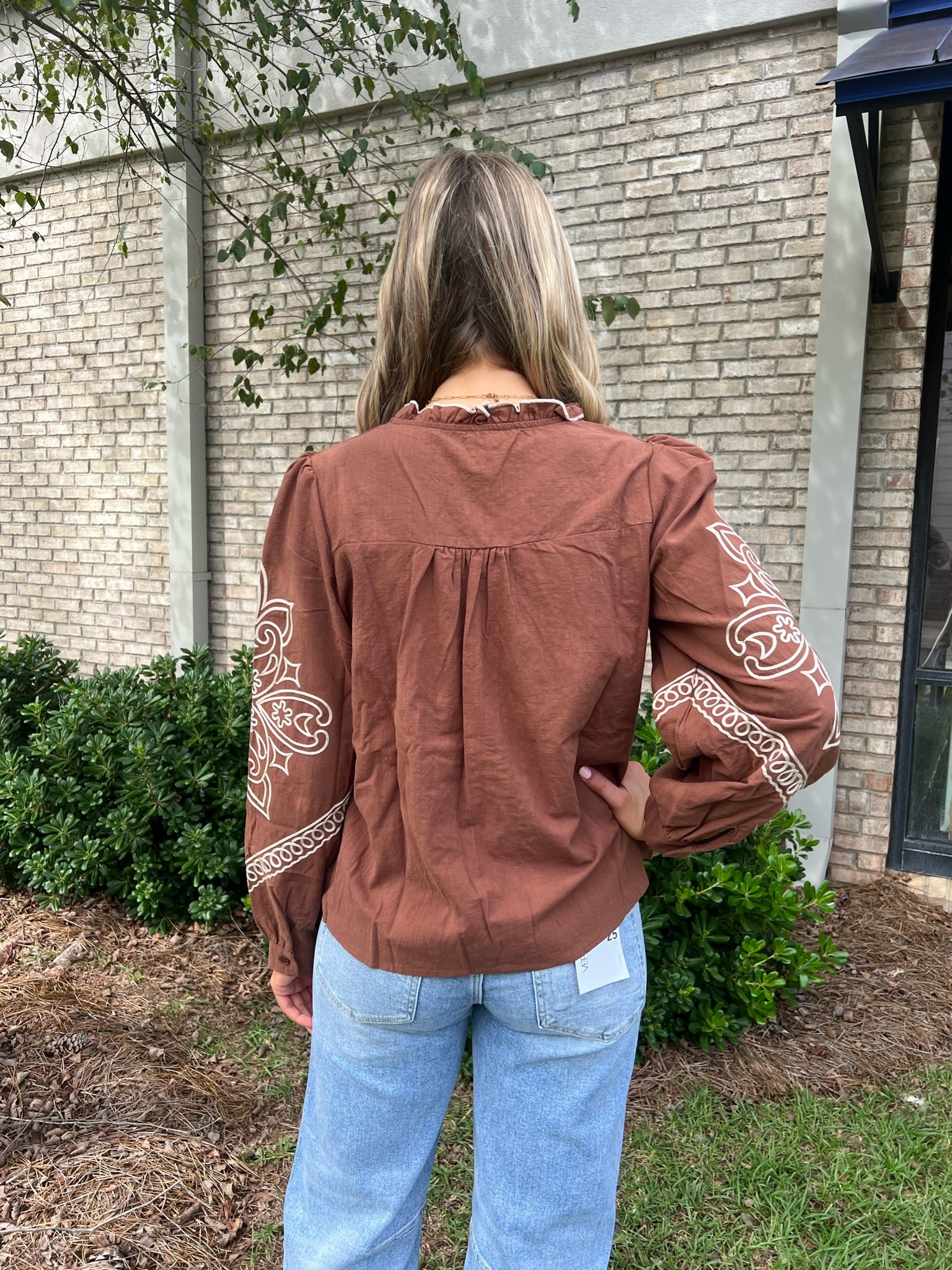 Embroidered Mock Neck Top-Mocha