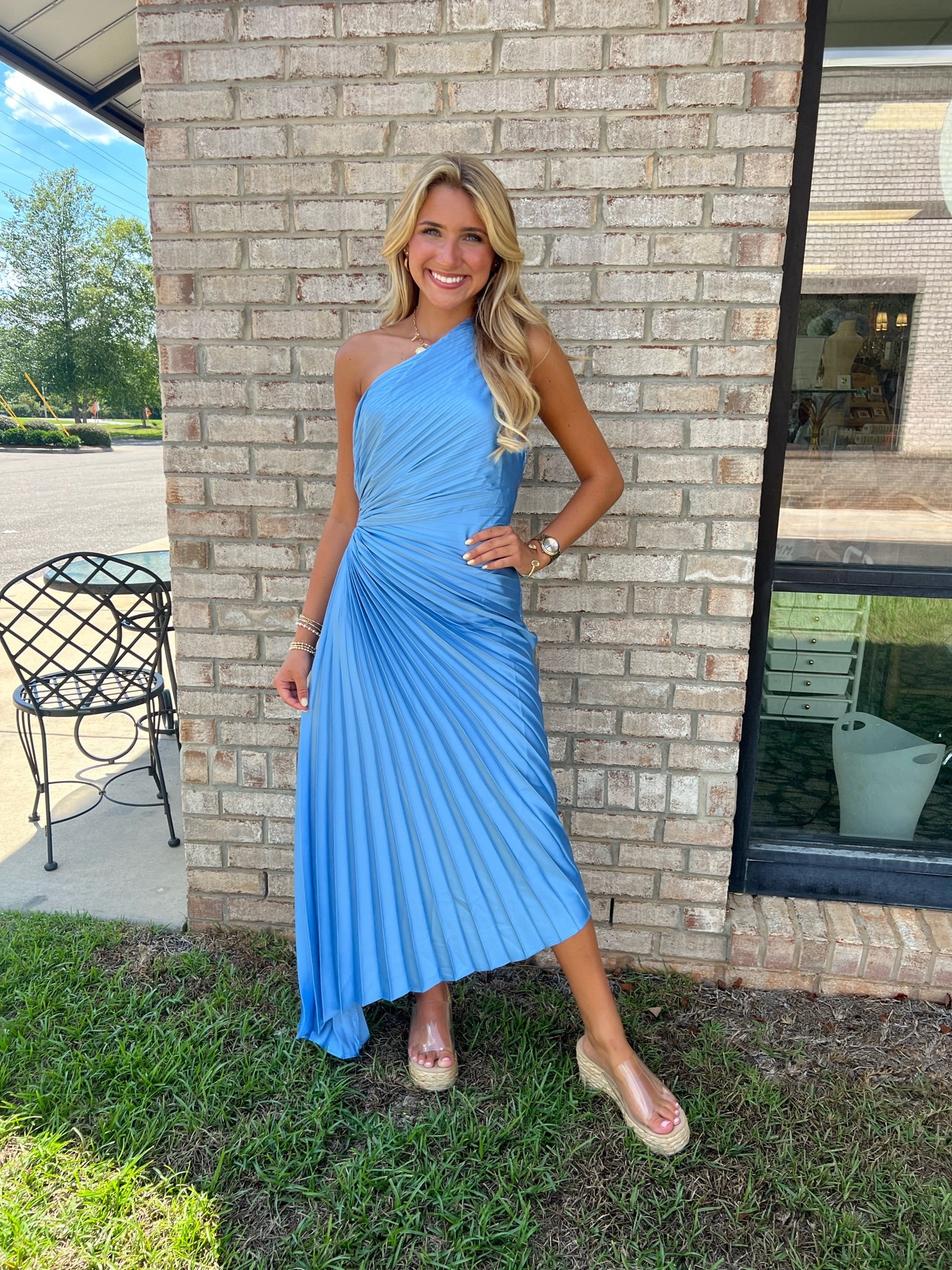 Fresco Blue Pleated Midi Dress