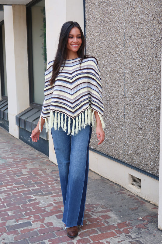 Chevron Striped Fringed Poncho