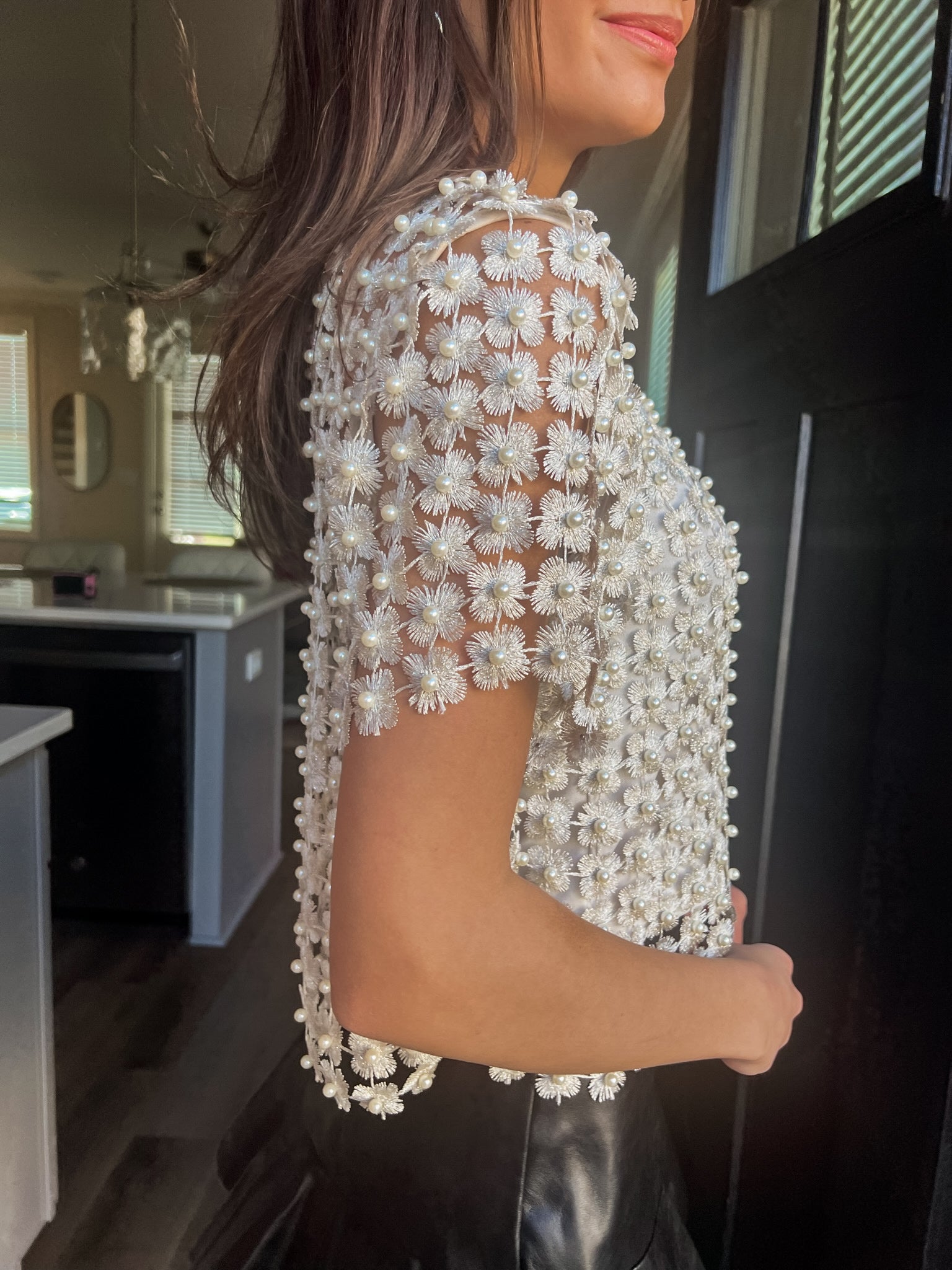 Crochet Lace Pearl Beaded Top