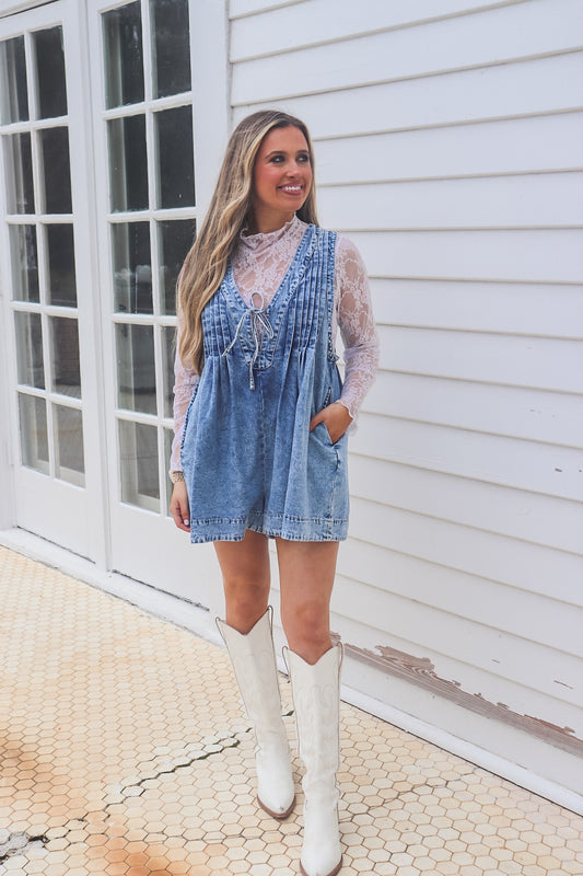Pleated V Neck Romper - Medium Wash