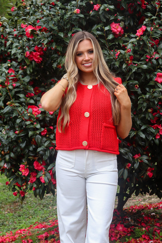 Gold Button Sweater Vest - Red
