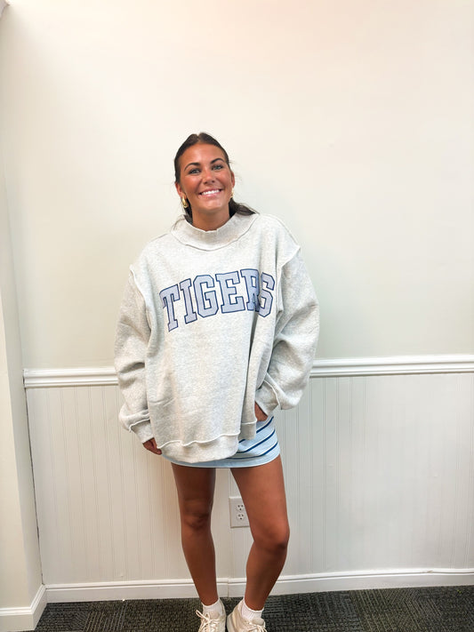 "TIGERS" Embroidered Mock Neck Sweatshirt