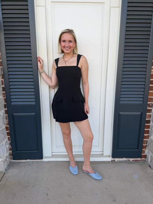 Square Neck Mini Dress- Black