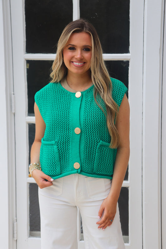 Gold Button Sweater Vest- Green