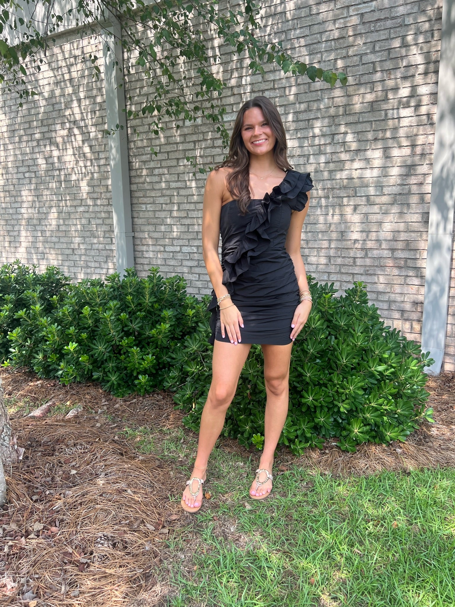 Diagonal Ruffle Mini Dress - Black
