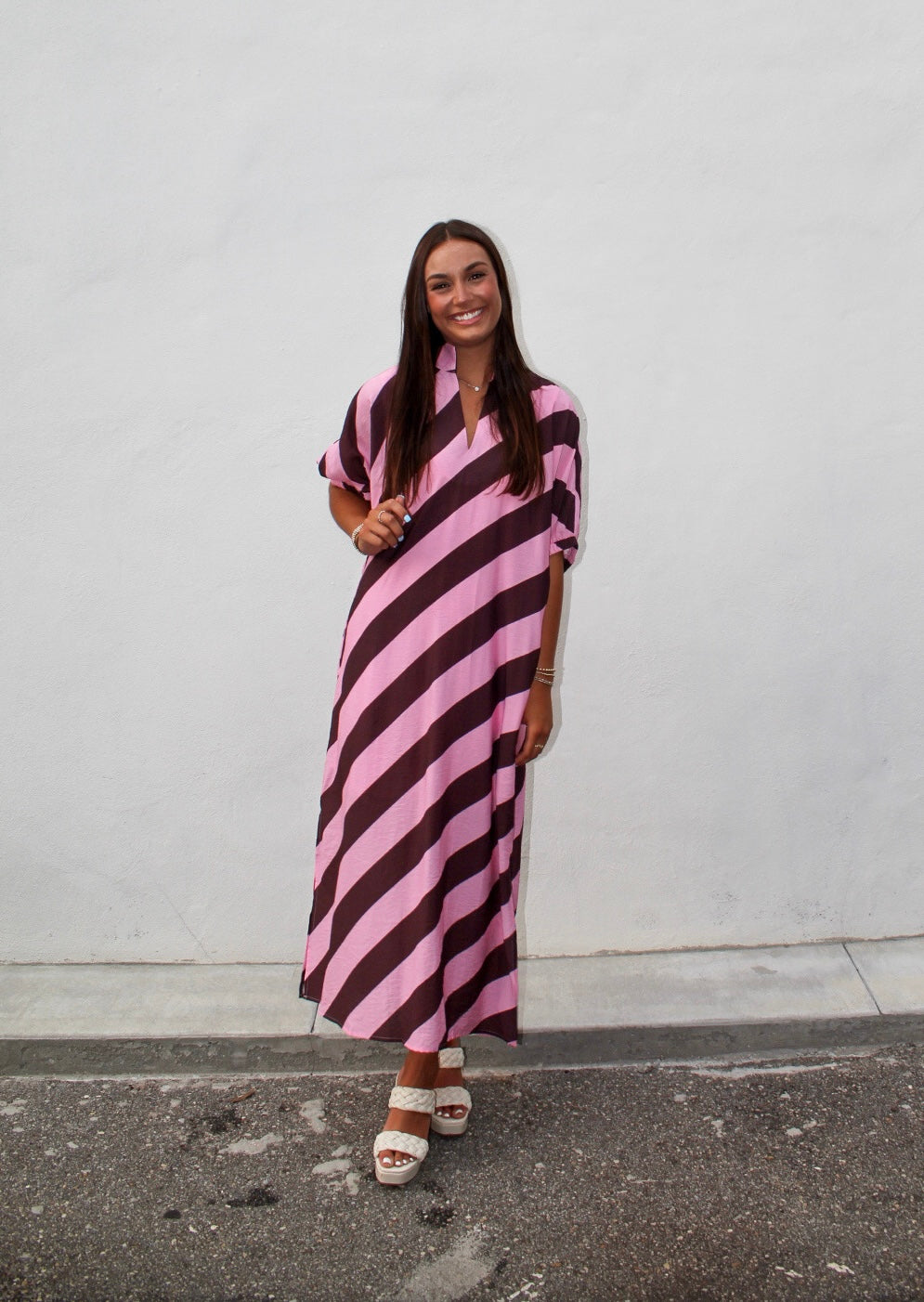 Pink & Brown Wide Striped Dress