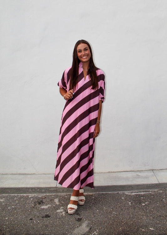 Pink & Brown Wide Striped Dress