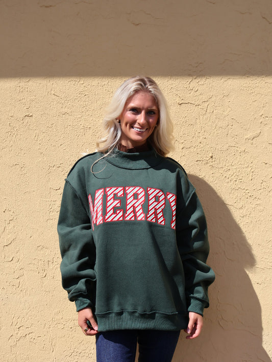 "MERRY" Embroidered Mock Neck Sweatshirt-  Christmas Green