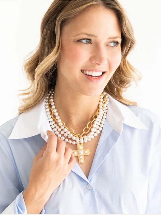 Multi Strand Gold Cross Pearl Necklace