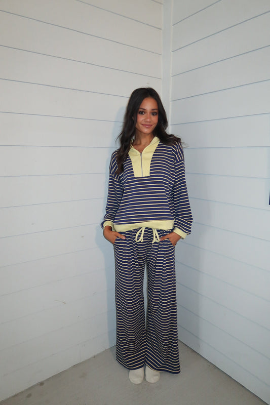 Half Zip Stripe Pullover/ Pants Set- Navy/Yellow