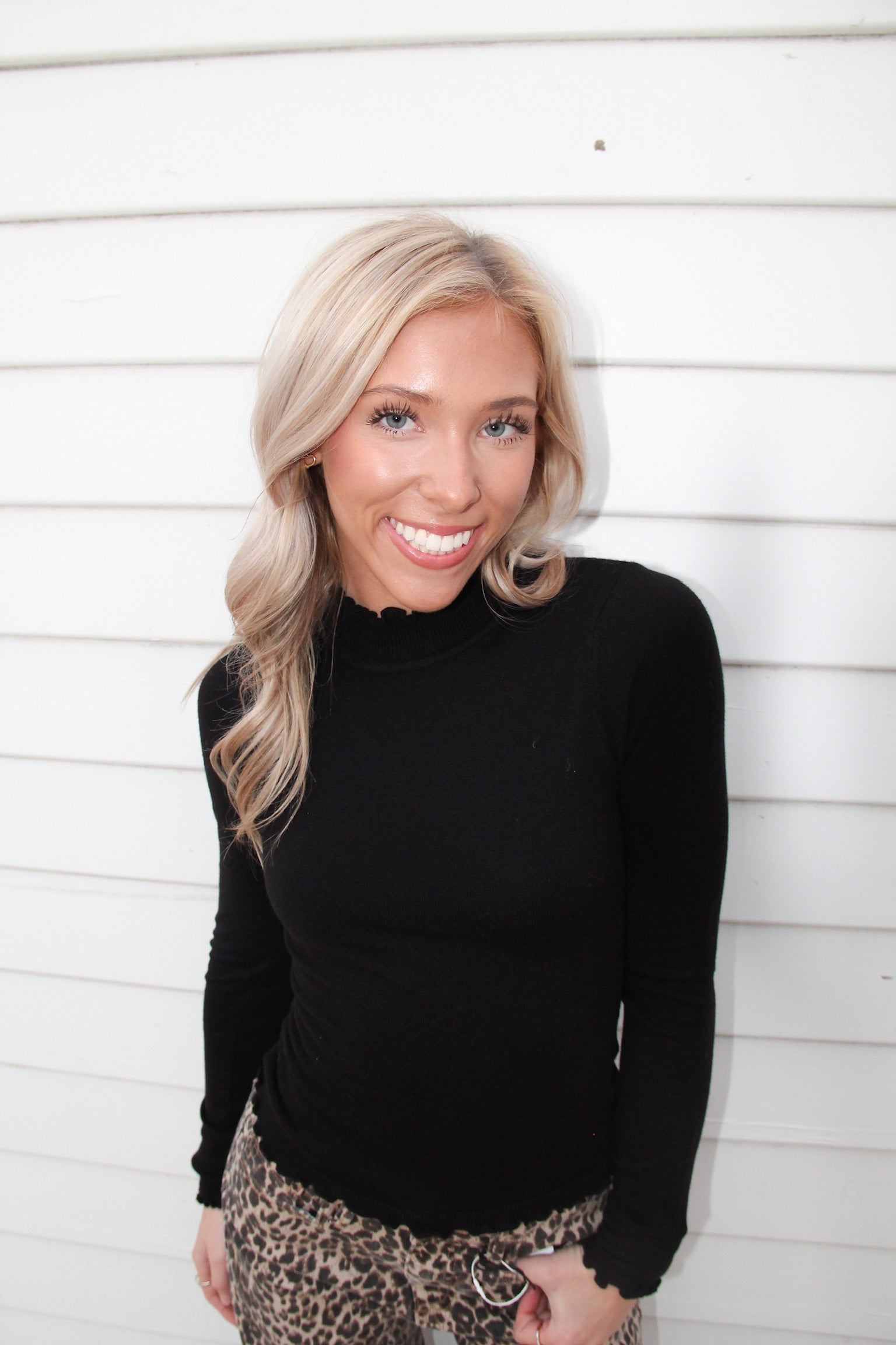 Lettuce Trim Mock Neck Sweater-Black