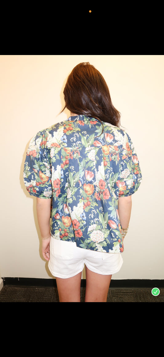 Hibiscus Floral Top- Navy