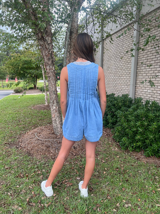 Pleated V-Neck Romper-  LT Denim