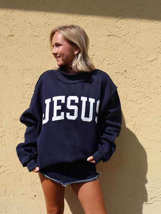 "JESUS" Embroidered Mock Neck Sweatshirt- Navy