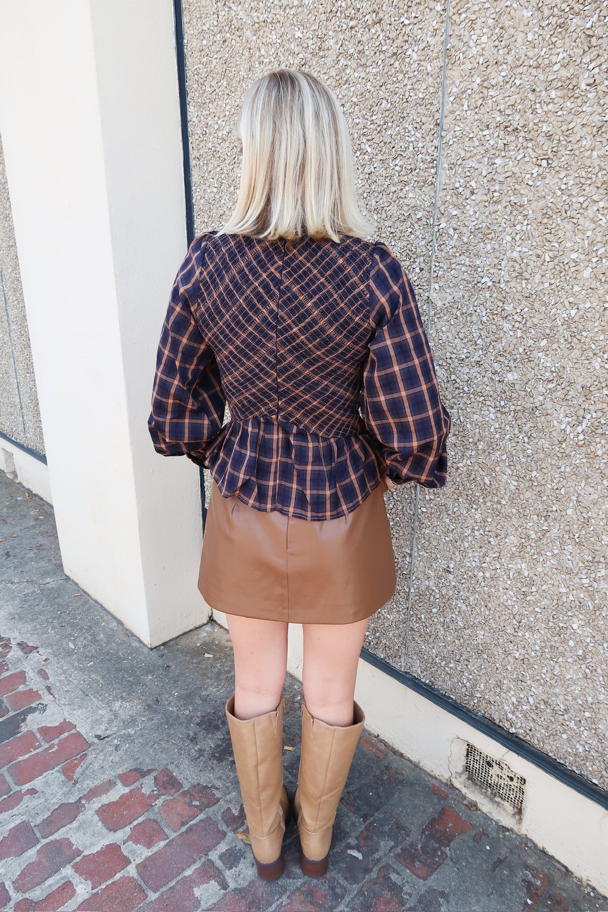 Brown & Blue Plaid Smocked  Peplum Top