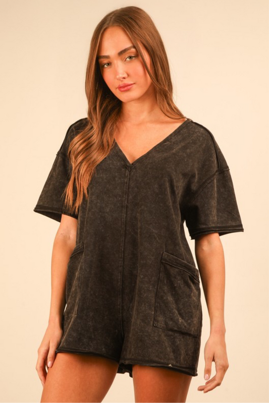 Pocket T- Shirt Romper -Black