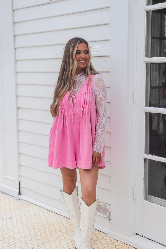 Pleated V Neck Romper -Pink