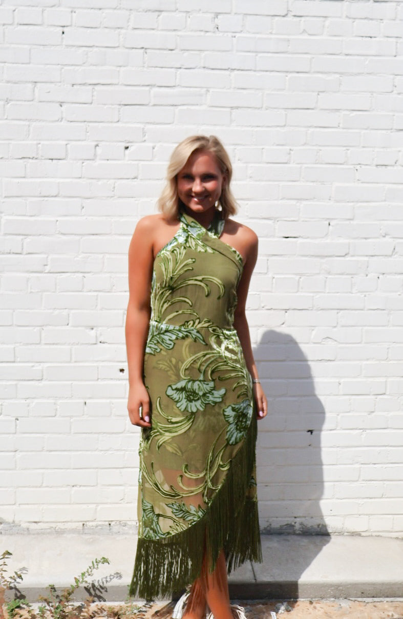 Gia Velvet Fringe Halter Maxi Dress