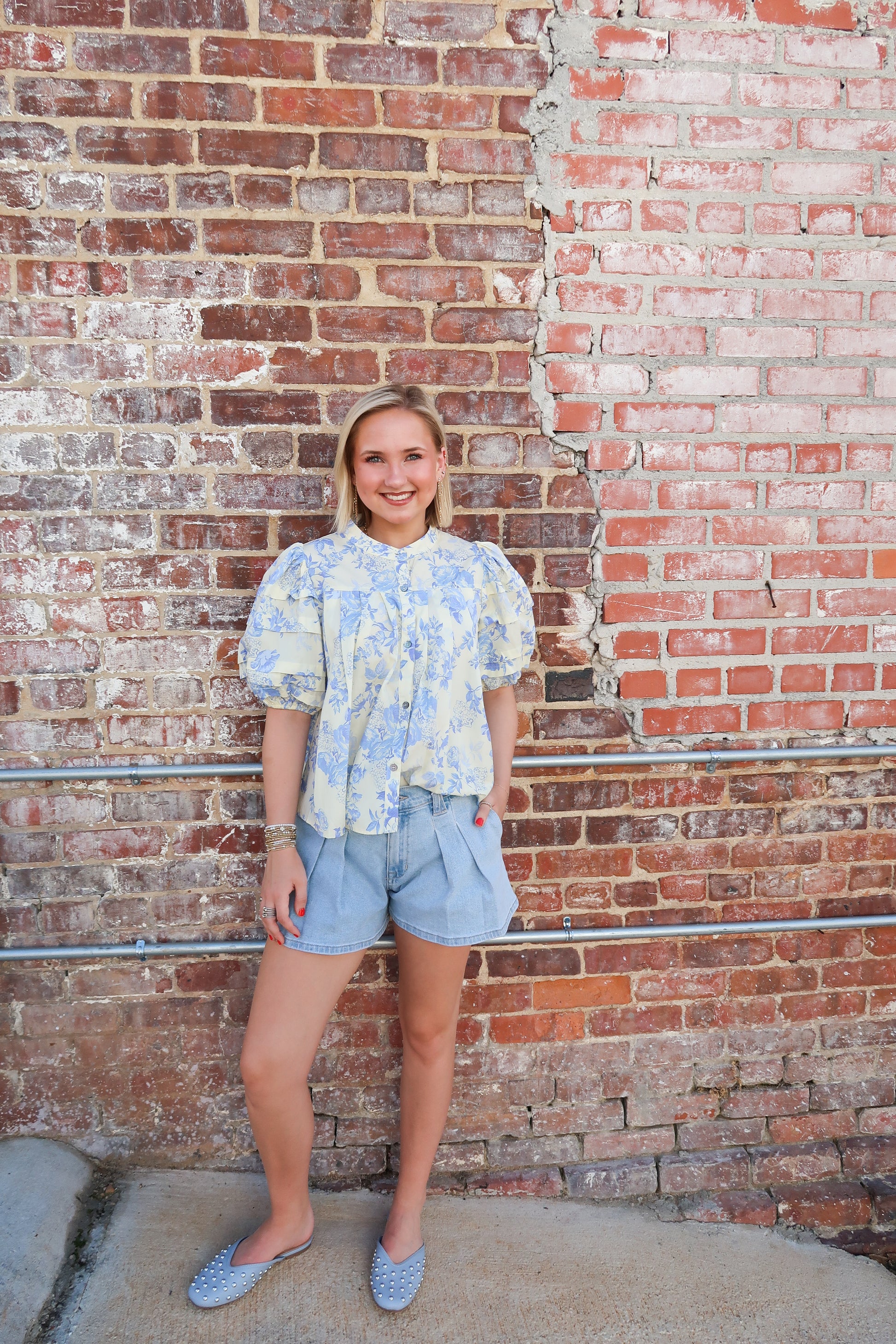 Elaine Cream Blue Floral Top