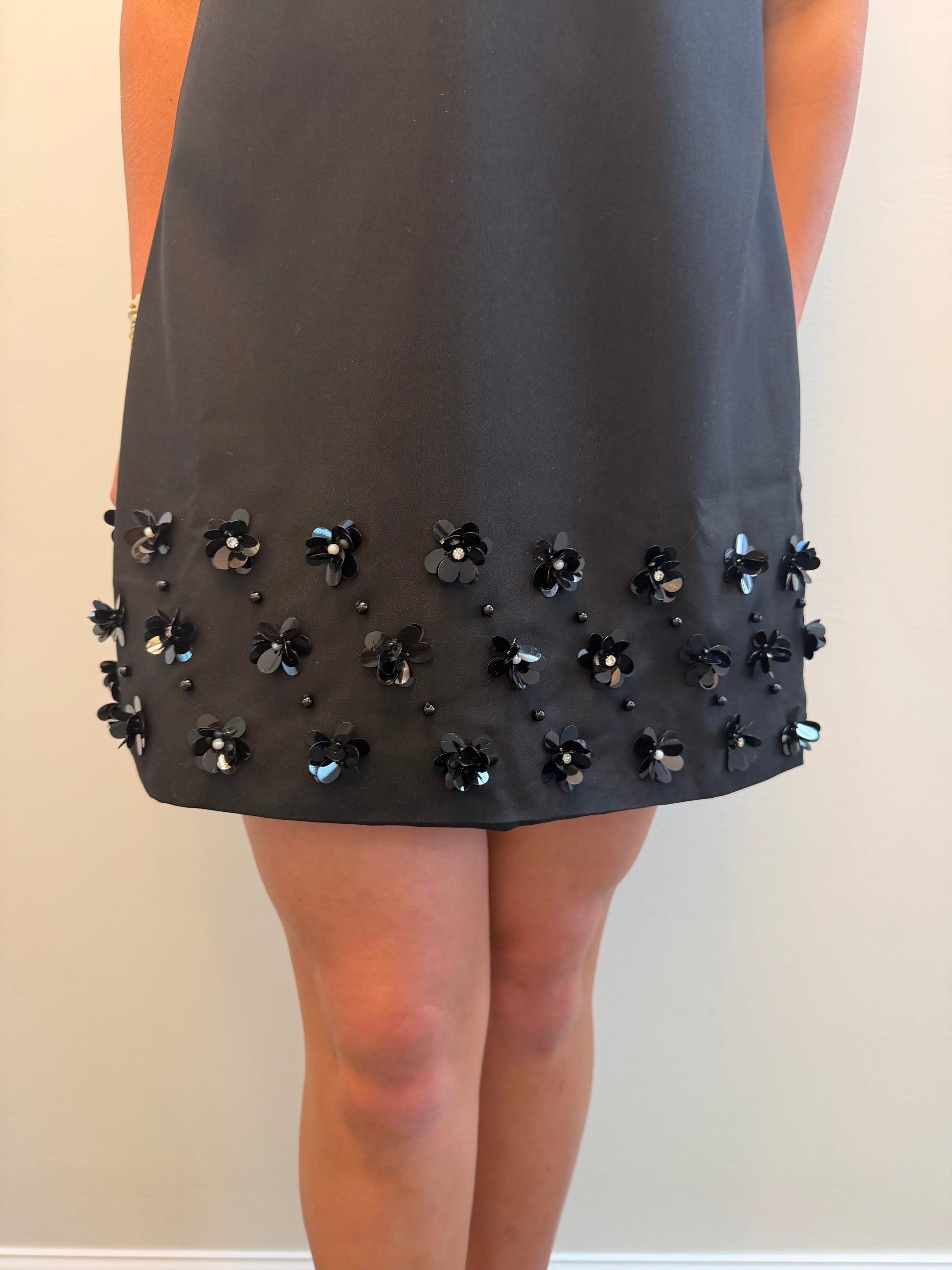 Beaded Flower Hem V Neck Mini Dress