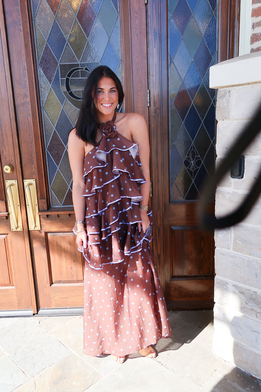 Mocha Dot Ruffle Halter Midi Dress