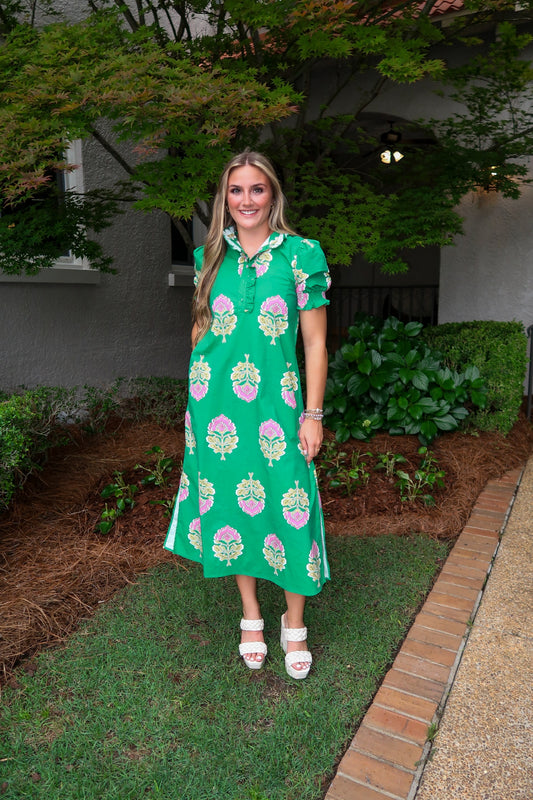 Green Floral Patterned Midi Dress