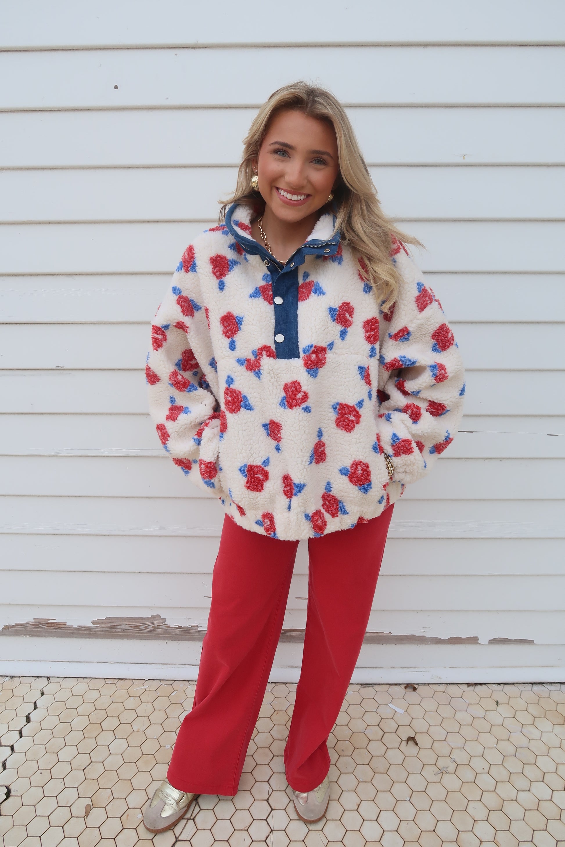 Denim Collar Rose Sherpa