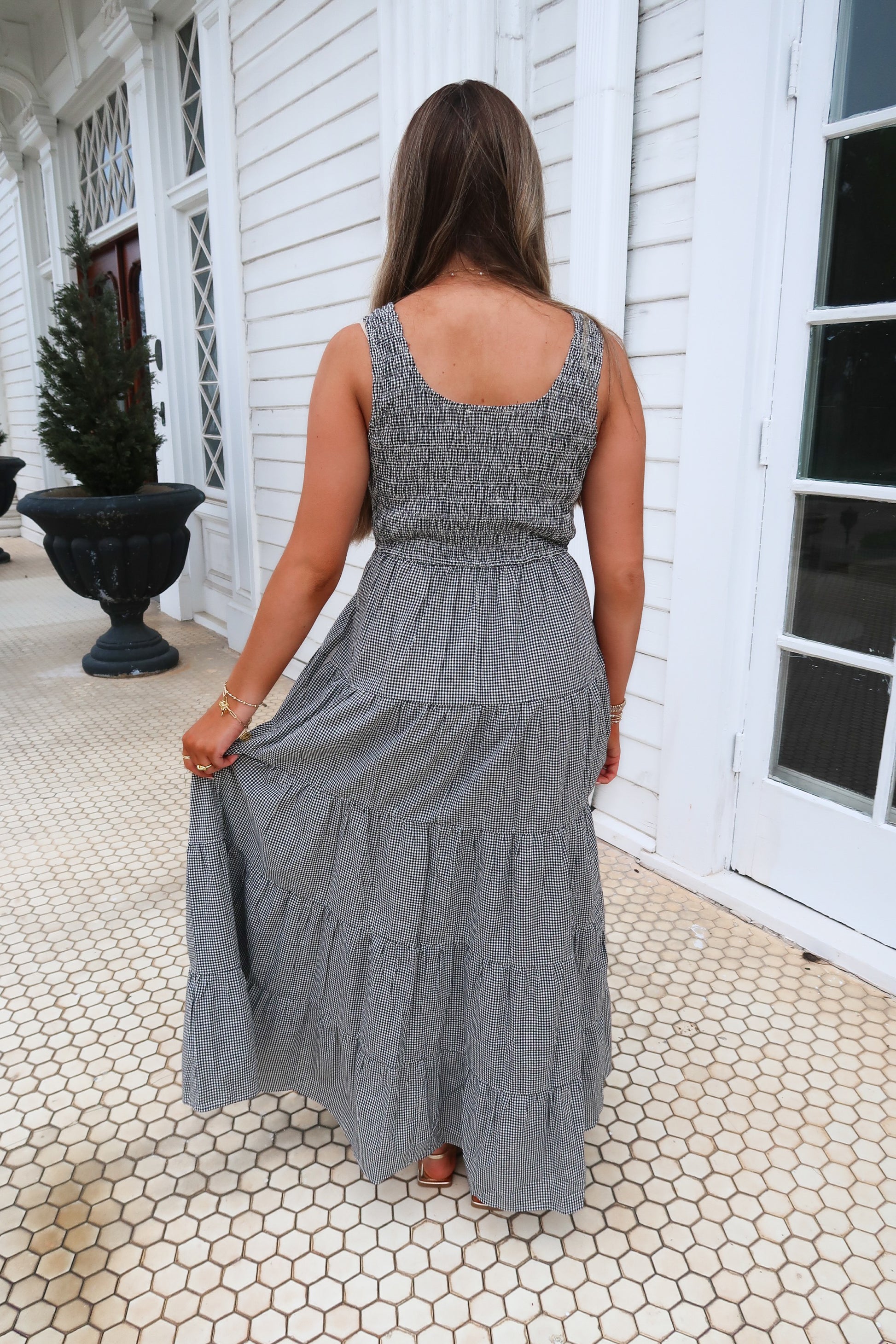 Gingham Tiered Midi Dress-BLK/WHT