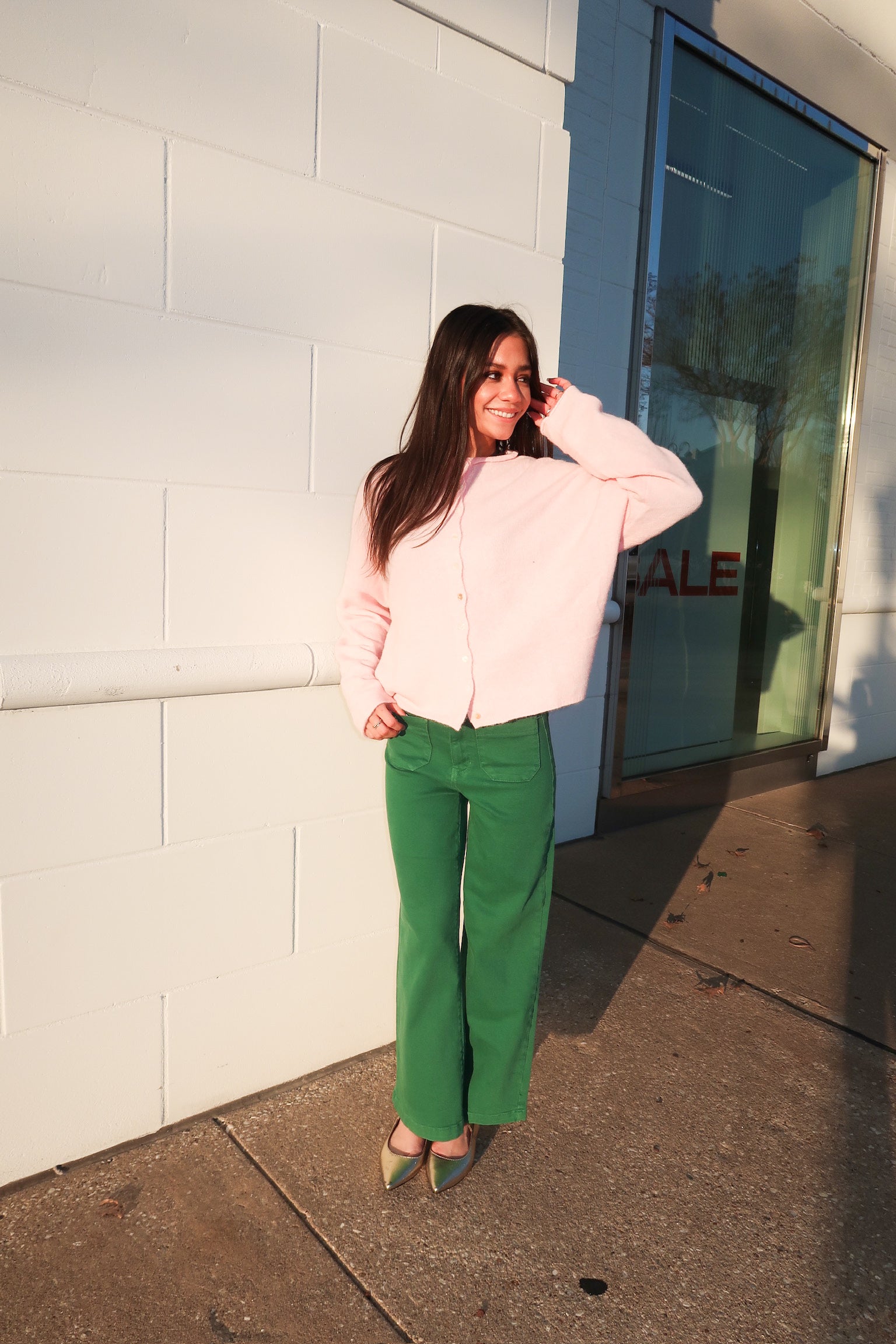 Patch Pocket Wide Leg Jeans- Green