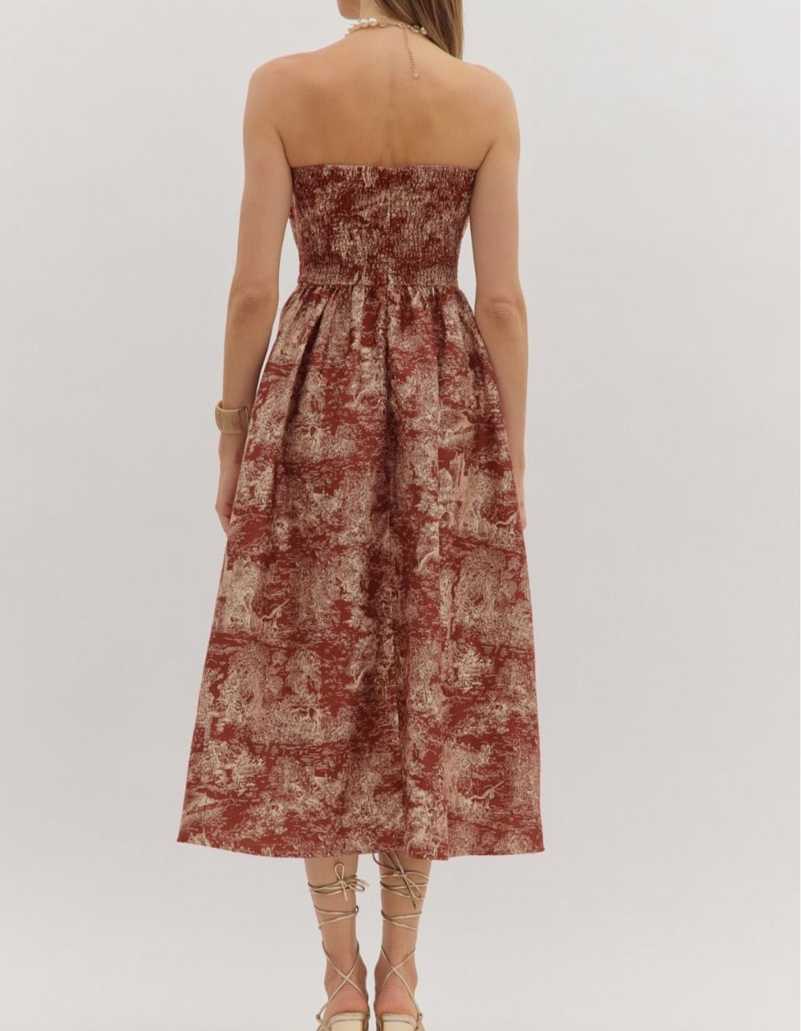 Vivian Burgundy Toile Jacquard Strapless Midi Dress