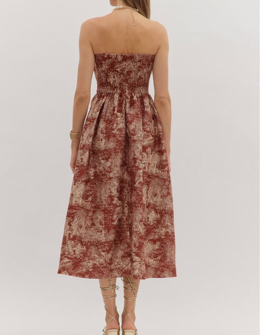 Vivian Burgundy Toile Jacquard Strapless Midi Dress