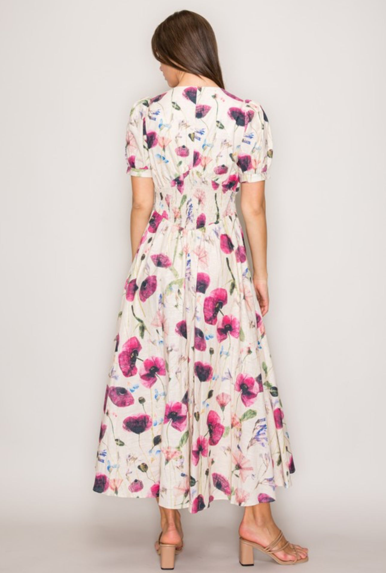 Watercolor Poppies Linen Maxi Dress